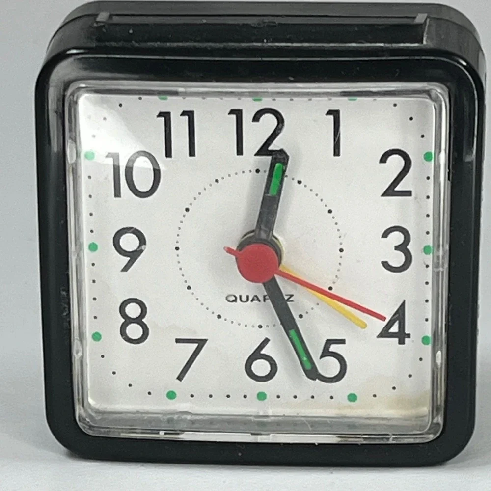 Vintage Style Mini Square Quartz Alarm Clock Black Battery Operated Travel Desk